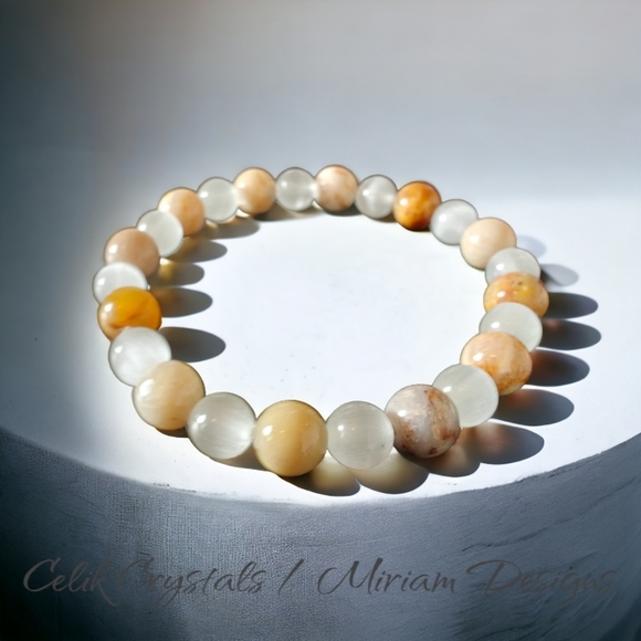 Jewelry - Coral Jade Cat Eye Bracelet 8mm Natural Stones Unisex Healing Bracelet